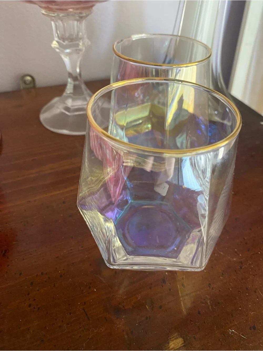 Set of 2 Iridescent Geometric Diamond Tumblers / Stemless Wine Glasses